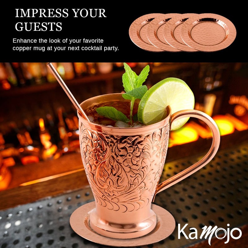 Kamojo 100% Pure Copper Coasters for Moscow Mule Mugs - Hand Hammered by Artisans in India - Protect Your Furniture from Condensation- Vintage Housewarming (Set of 4) - Image 5